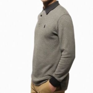 Polo Ralph Lauren Mens Long Sleeve Gray Herringbone Button Polo Shirt Sz. MED